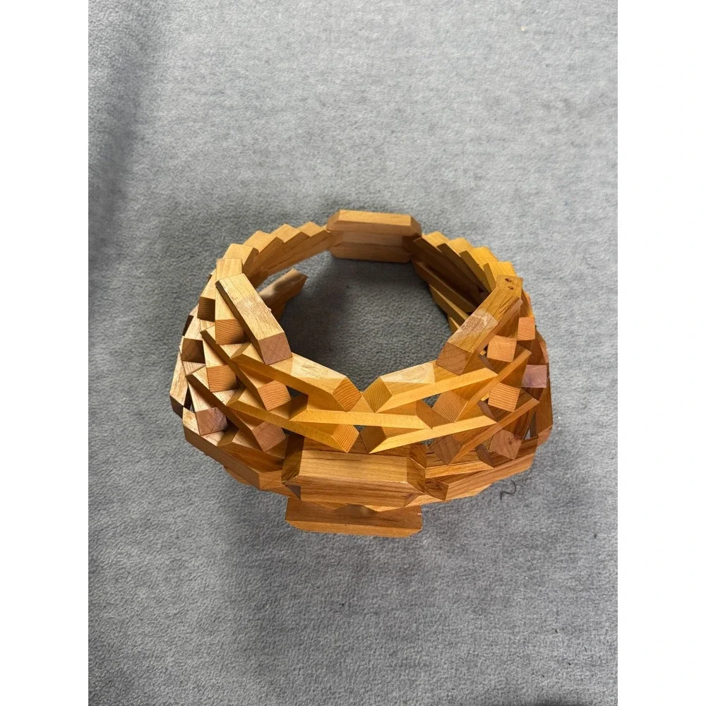 Vintage Geometric Collapsible Wooden Basket Interlocking Block Sculpture Bowl